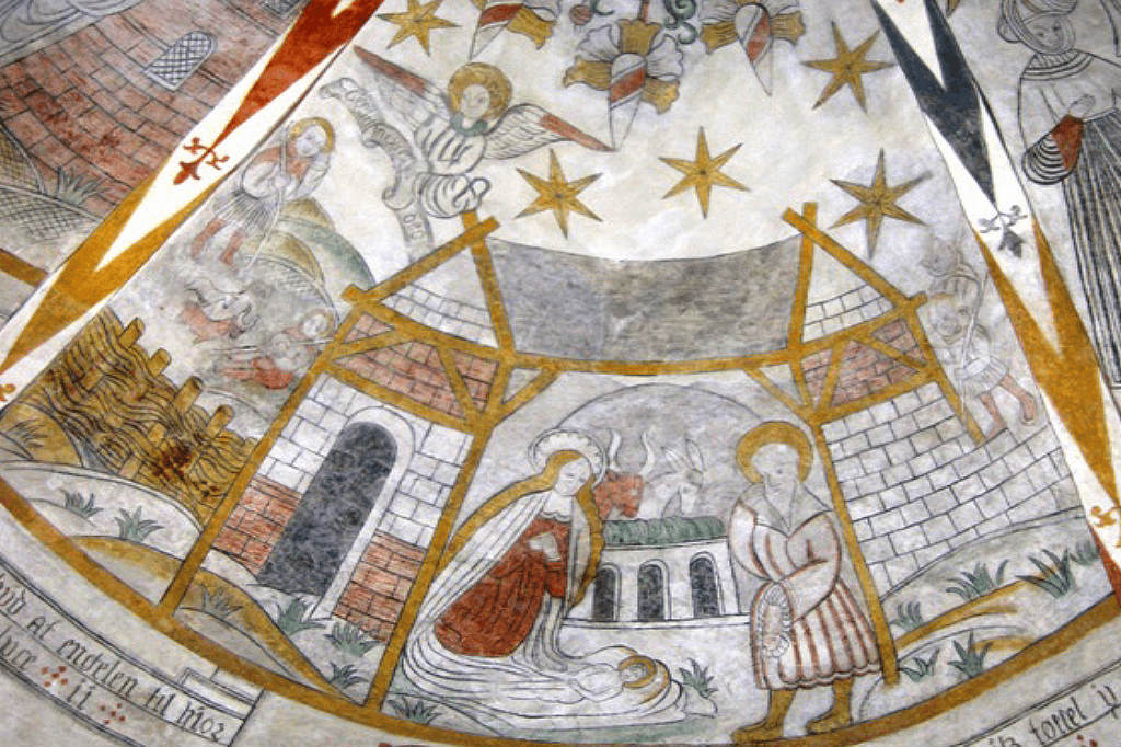 Kalkmaleri Østrup Kirke - Jesu fødsel